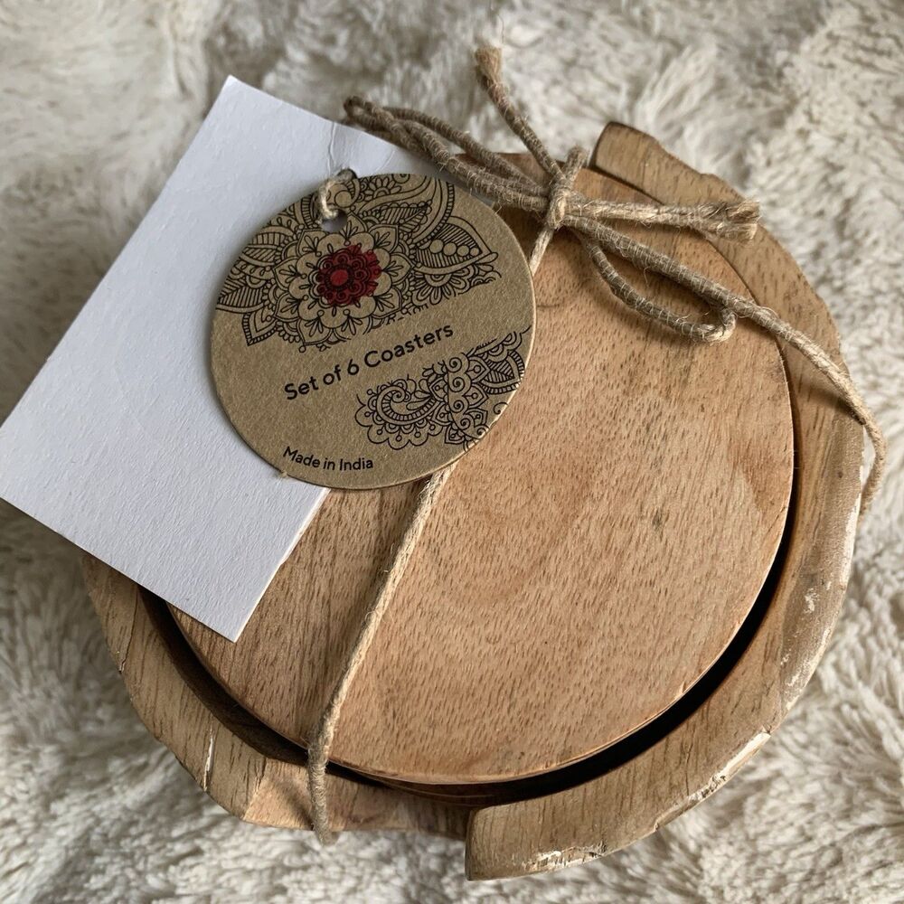 Hand Carved Wooden 6 Piece Coaster Set Made In India - Picture 2 of 8